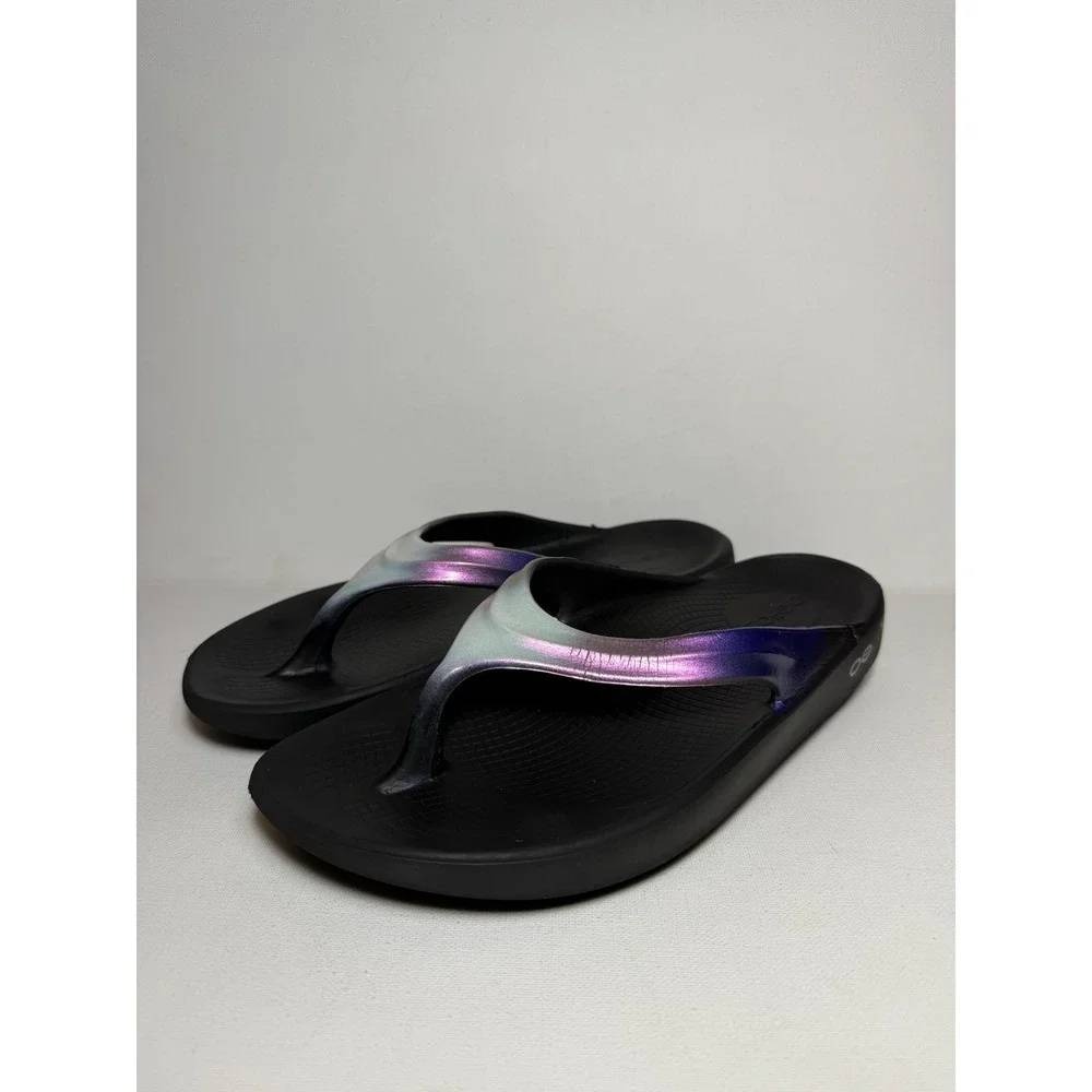 OOFOS OOlala Black Iridescent Metallic Purple Recovery Sandals Womens 7 38